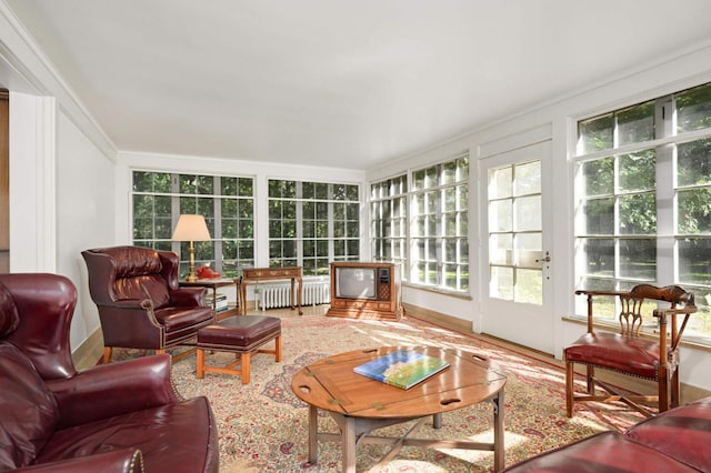 sunroom / solarium with a healthy amount of sunlight and radiator heating unit