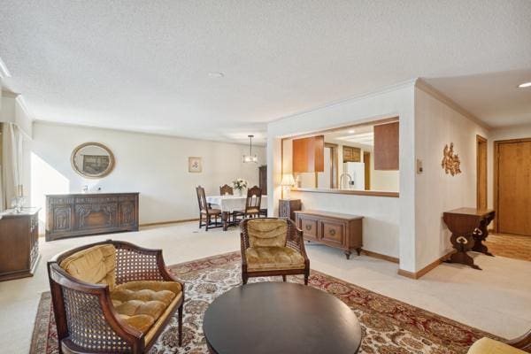 carpeted living room with a textured ceiling and ornamental molding