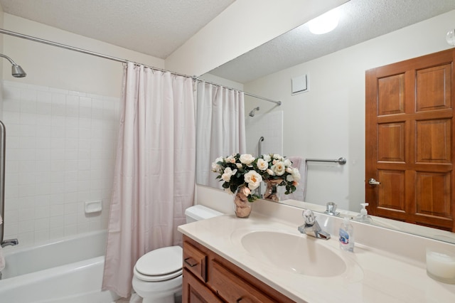 full bathroom featuring a textured ceiling, vanity, toilet, and shower / bathtub combination with curtain