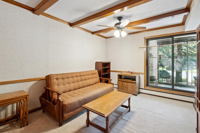 carpeted living room with ceiling fan, a baseboard radiator, beam ceiling, and a textured ceiling