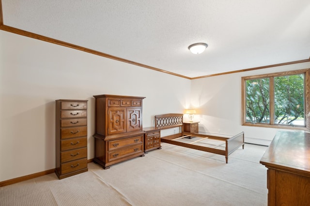 living area featuring light carpet, a textured ceiling, a baseboard radiator, and ornamental molding