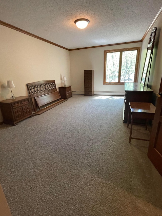 5601 Dewey Hill Rd Unit 113, Edina, MN 55439 - bedroom with crown molding, carpet, a textured ceiling, baseboard heating, and baseboards