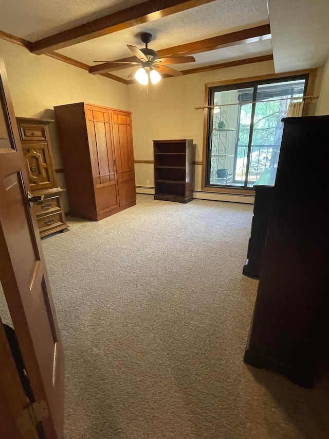 5601 Dewey Hill Rd Unit 113, Edina, MN 55439 - bedroom featuring light carpet, a baseboard heating unit, beam ceiling, and ceiling fan
