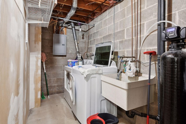 laundry room with separate washer and dryer, electric panel, and sink