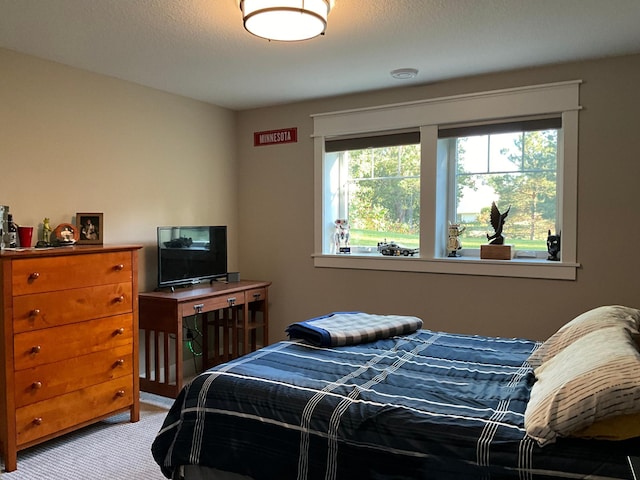 bedroom featuring carpet floors and a textured ceiling