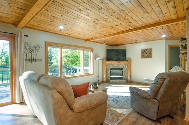7983 County Road 127, Brainerd, MN 56401 - living area featuring wood ceiling, beam ceiling, wood finished floors, a glass covered fireplace, and baseboards