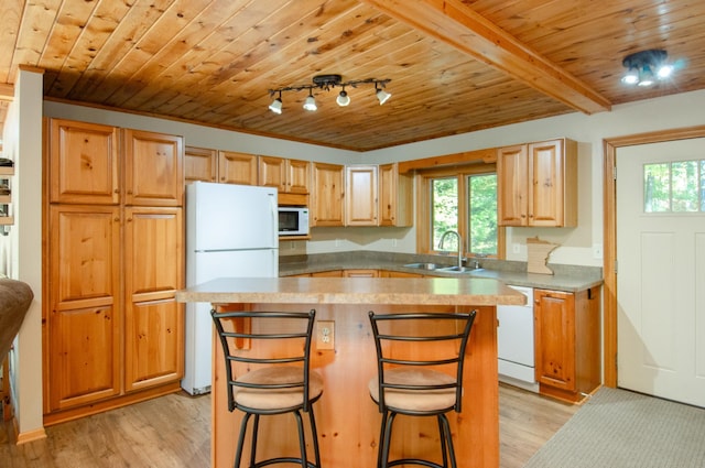 7983 County Road 127, Brainerd, MN 56401 - kitchen featuring white appliances, a sink, plenty of natural light, wood ceiling, and light wood-type flooring