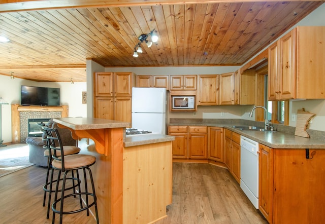 7983 County Road 127, Brainerd, MN 56401 - kitchen featuring white appliances, wood ceiling, a sink, open floor plan, and a kitchen bar