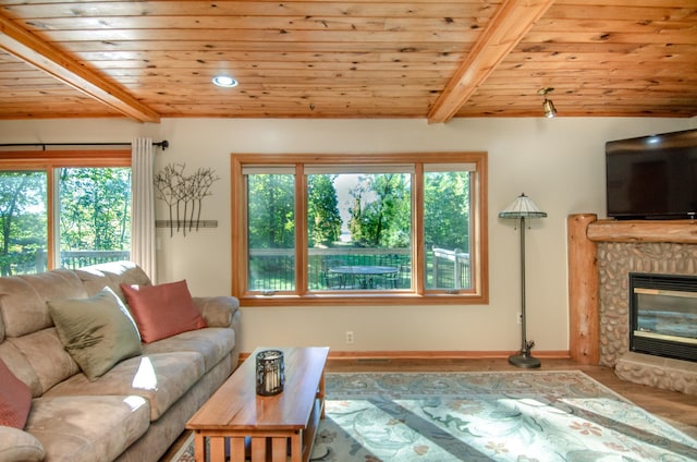 7983 County Road 127, Brainerd, MN 56401 - living room featuring wood ceiling, wood finished floors, healthy amount of natural light, beam ceiling, and a stone fireplace