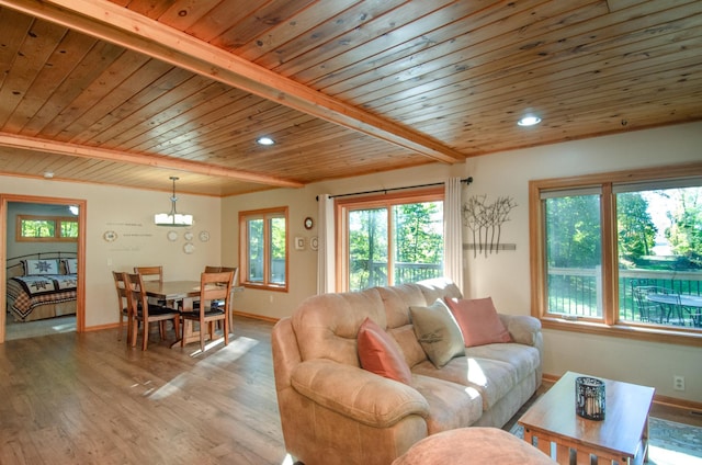 7983 County Road 127, Brainerd, MN 56401 - living room with wood ceiling, light wood-style floors, baseboards, and recessed lighting