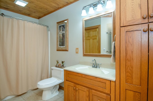 7983 County Road 127, Brainerd, MN 56401 - full bath featuring toilet, tile patterned floors, vanity, wooden ceiling, and a shower with shower curtain