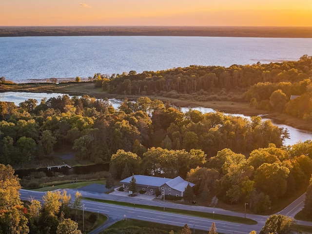 aerial view at dusk with a water view