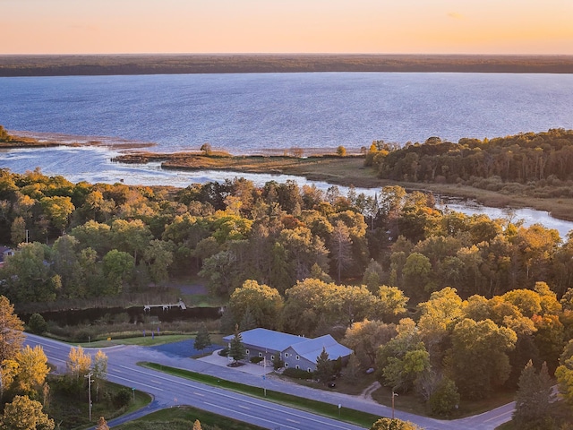 aerial view at dusk with a water view