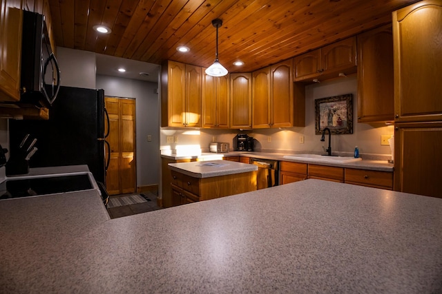 kitchen with sink, a kitchen island, black appliances, decorative light fixtures, and wooden ceiling