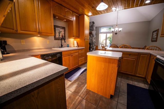 kitchen featuring hanging light fixtures, a kitchen island, wooden ceiling, sink, and a notable chandelier