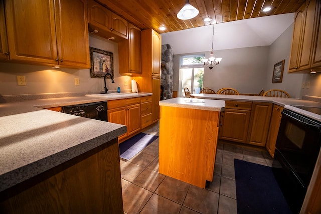 kitchen with hanging light fixtures, wooden ceiling, an inviting chandelier, a center island, and sink