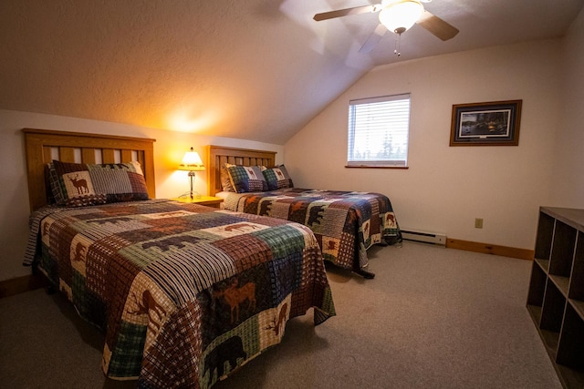 bedroom featuring carpet floors, baseboard heating, lofted ceiling, and ceiling fan