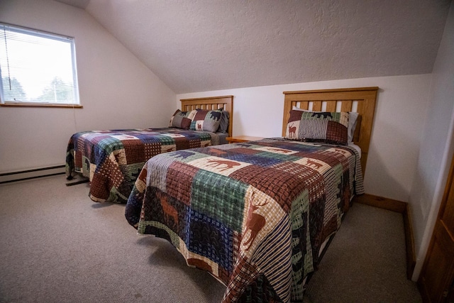 bedroom with a baseboard heating unit, lofted ceiling, a textured ceiling, and carpet flooring