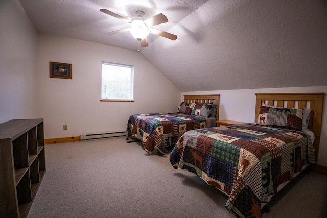 bedroom with a textured ceiling, vaulted ceiling, a baseboard radiator, carpet, and ceiling fan