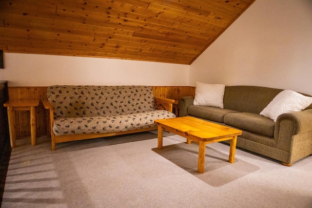 living room featuring carpet flooring, vaulted ceiling, and wooden ceiling