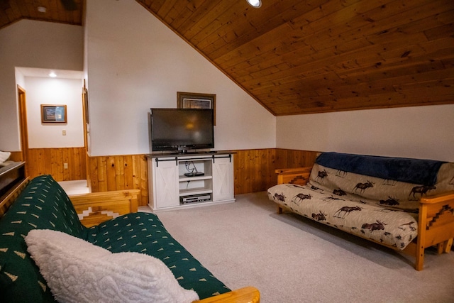 living room with carpet, lofted ceiling, wood walls, and wood ceiling