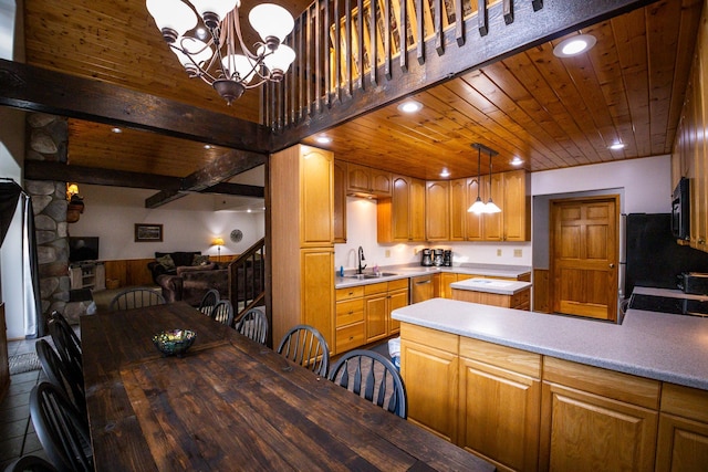 kitchen featuring pendant lighting, sink, wooden ceiling, an inviting chandelier, and tile patterned flooring