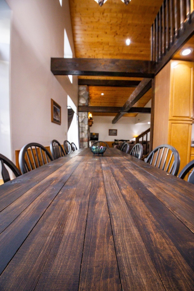 dining space featuring wood ceiling and beam ceiling