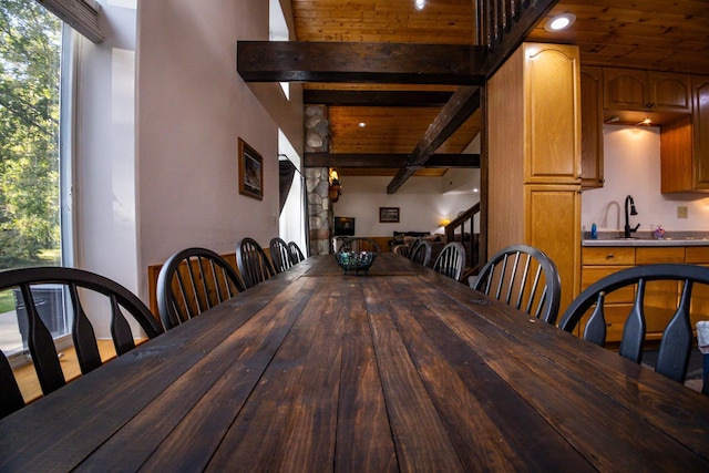 dining area featuring wood ceiling and beamed ceiling