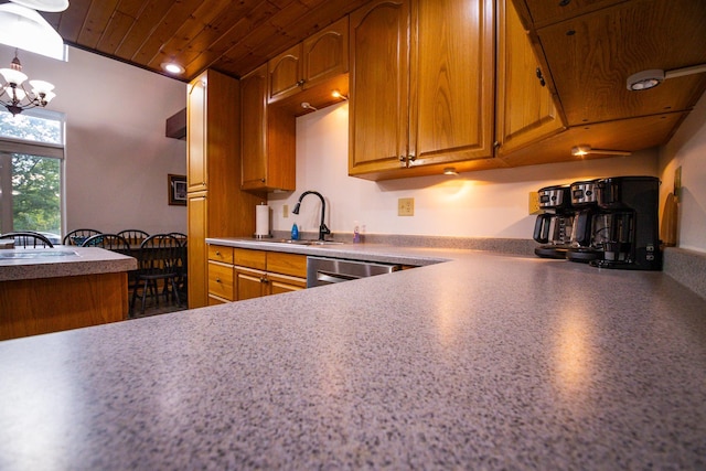 kitchen featuring pendant lighting, wood ceiling, sink, dishwasher, and a notable chandelier