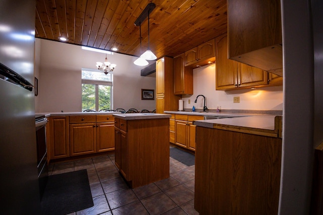 kitchen with wood ceiling, a kitchen island, decorative light fixtures, sink, and a notable chandelier