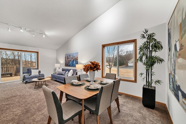 dining space with high vaulted ceiling, carpet, a textured ceiling, and baseboards