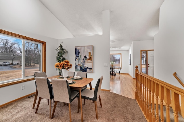 carpeted dining area featuring baseboards and wood finished floors