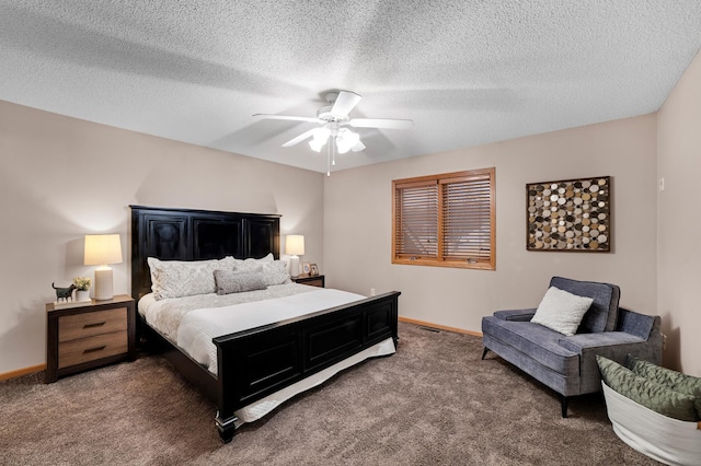 bedroom featuring a ceiling fan, carpet, visible vents, and baseboards