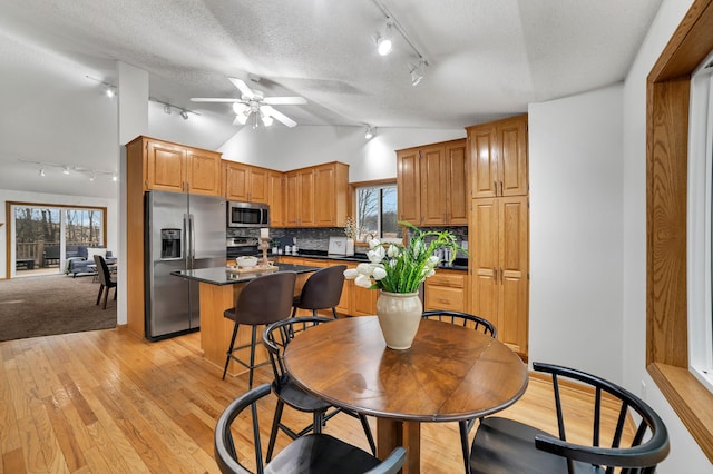 kitchen with dark countertops, a kitchen island, lofted ceiling, light wood-style flooring, and appliances with stainless steel finishes