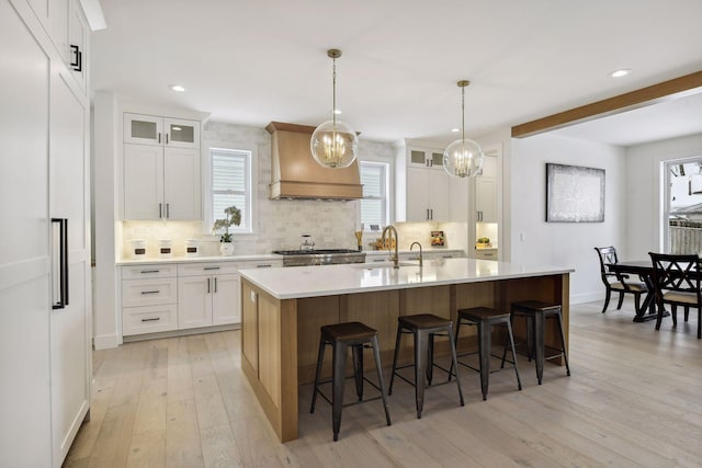 kitchen featuring white cabinets, a kitchen island with sink, and custom exhaust hood