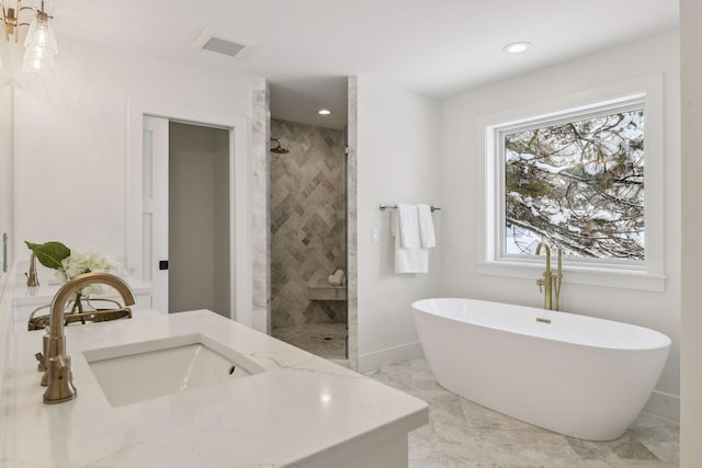 bathroom with vanity and plus walk in shower