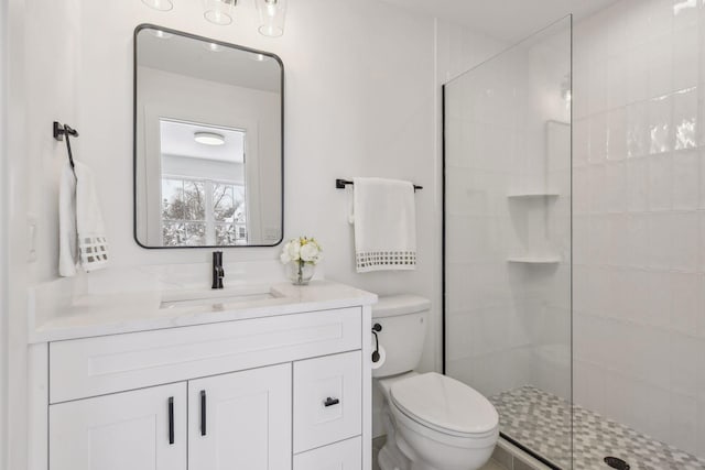 bathroom featuring vanity, toilet, and an enclosed shower