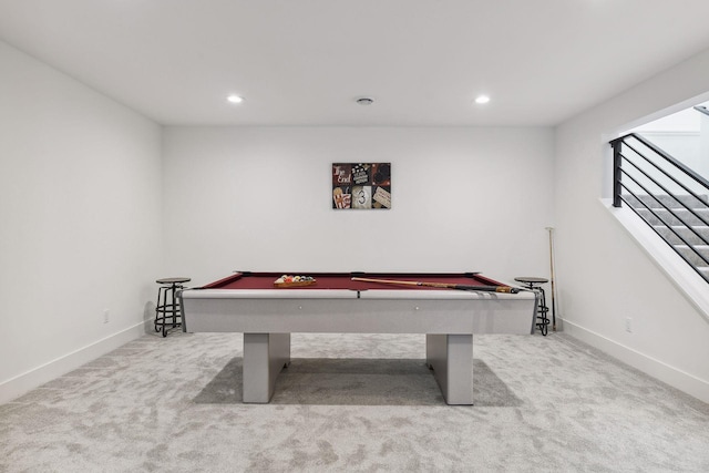 game room with light carpet and pool table