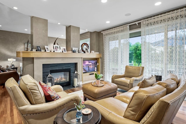 living room with wood finished floors, a fireplace, and recessed lighting