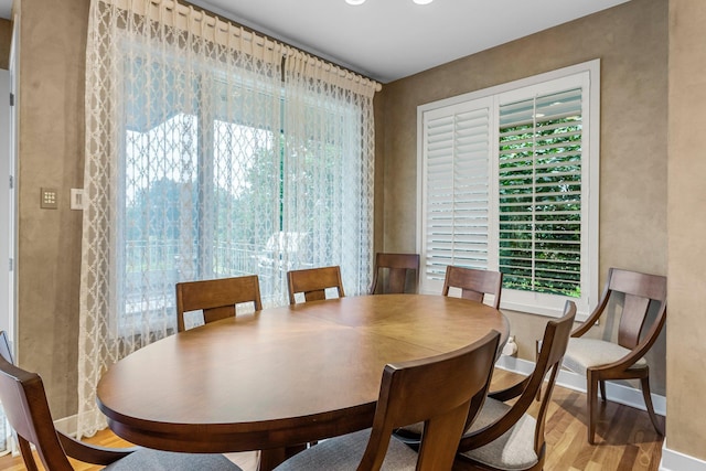 dining room featuring baseboards, wood finished floors, and a healthy amount of sunlight