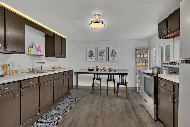 kitchen with stainless steel electric range, light hardwood / wood-style floors, dark brown cabinets, and sink