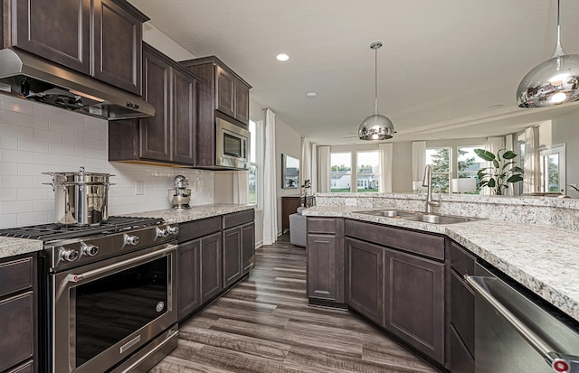 kitchen featuring dark brown cabinetry, sink, dark wood-type flooring, range hood, and appliances with stainless steel finishes