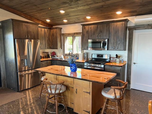 42911 County Highway 53, Pine Lake Twp, MN 56567 - kitchen featuring appliances with stainless steel finishes, wood ceiling, a kitchen bar, a kitchen island, and a wall mounted AC