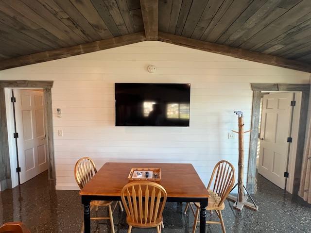 42911 County Highway 53, Pine Lake Twp, MN 56567 - dining room featuring wood ceiling and wooden walls