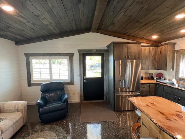 42911 County Highway 53, Pine Lake Twp, MN 56567 - kitchen featuring stainless steel fridge, wood counters, open floor plan, wooden ceiling, and a sink