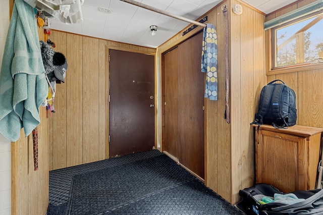 doorway featuring dark carpet and wooden walls