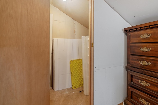 bathroom featuring lofted ceiling