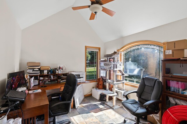 home office featuring ceiling fan and high vaulted ceiling