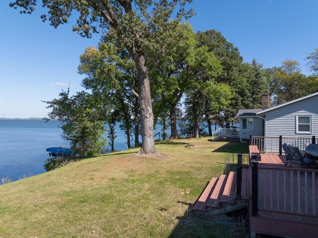 view of yard featuring a deck with water view