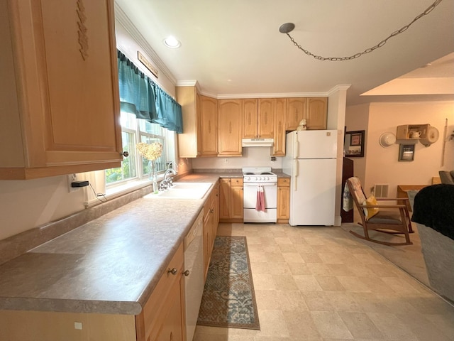 kitchen with light brown cabinetry, sink, white appliances, and ornamental molding